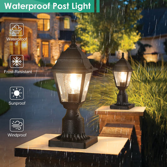 Dusk to Dawn Outdoor Post Lights, Waterproof Outside Post Lantern with Pier Mount, Exterior Lamp Pole Lantern Head with Clear Glass, Matte Black Post Light Fixture for Patio, Garden, Walkway