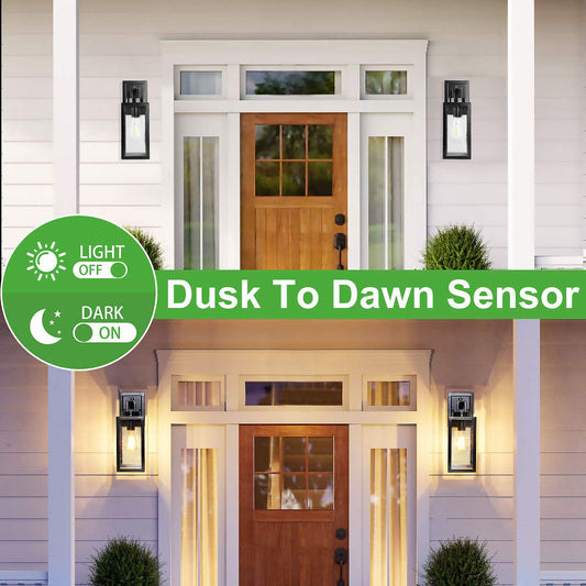 2 Packs Dusk to Dawn Outdoor Wall Lantern with Sensor, Exterior Porch Light Fixtures Wall Mount, 100% Waterproof Anti-Rust, Matte Black Outdoor Wall Lights for Garage, Doorway, Hallway