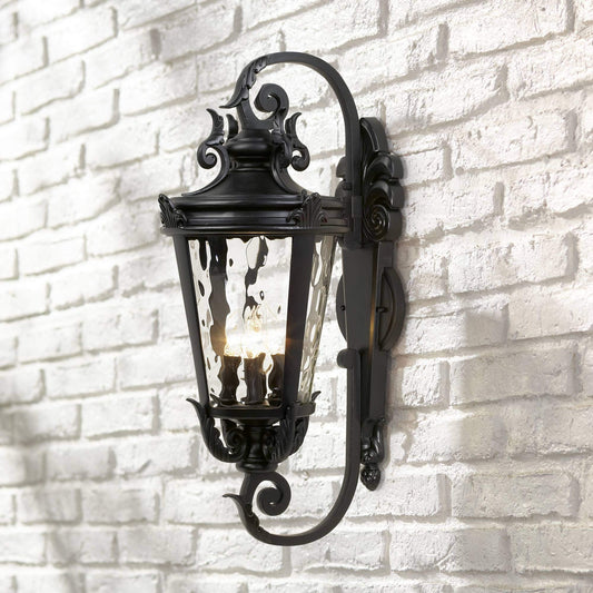 Rustic Vintage Outdoor Wall Light Fixture Textured Black Scroll 27 1/2" Hammered Glass for Exterior House Porch Patio Outside Deck Garage Yard Front Door Garden Home