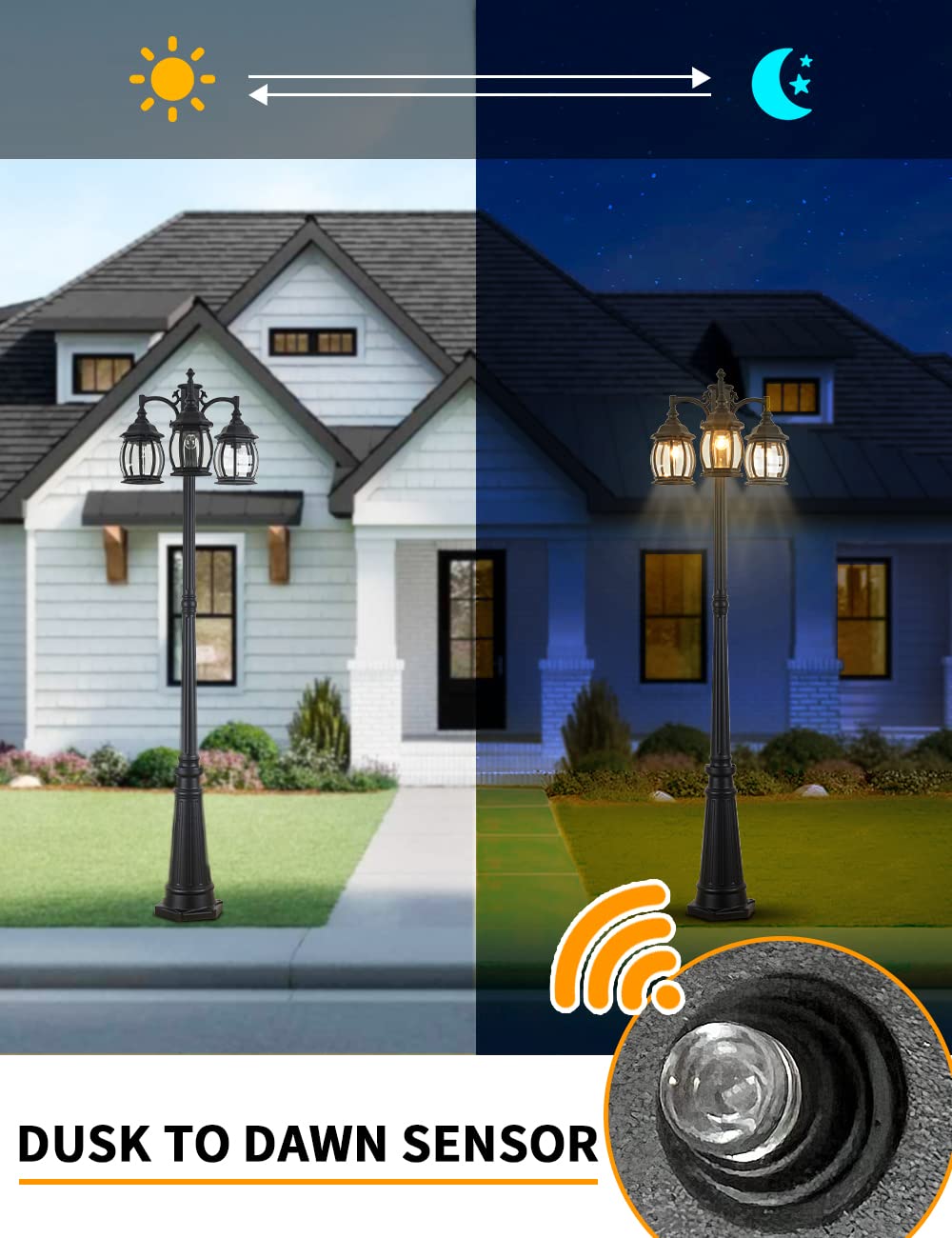 Dusk to Dawn Vintage Outdoor Post Light 3-Headed Lamp Post IP65 Waterproof Street Lantern 3 Light Black Clear Glass Outdoor Lamp Post Lights E26 Base Outdoor Street Light for Yard Walkway