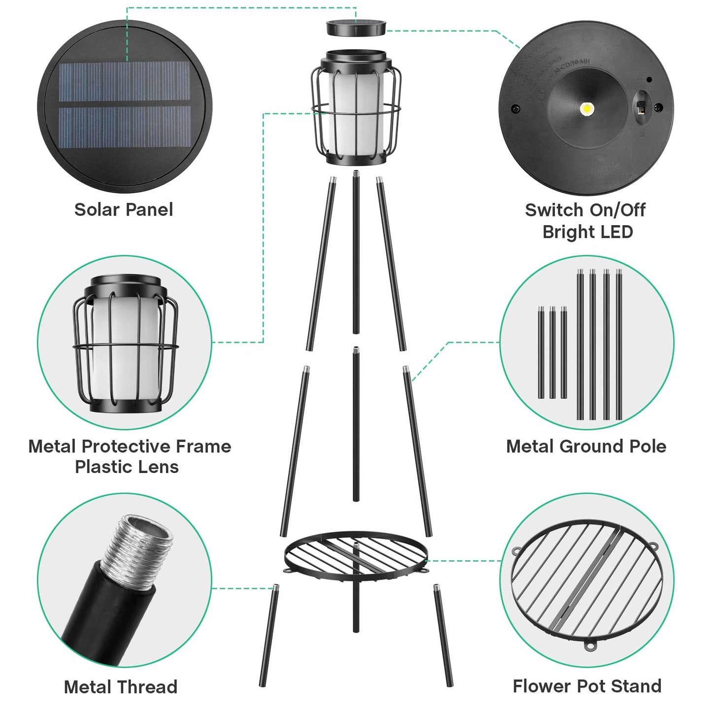 Solar Lamp Outdoor with Plant Stands, Solar Floor Lamp, Solar Powered Street Lights Metal Tripod Deck Lights for Garden Yard Pathway Driveway Porch