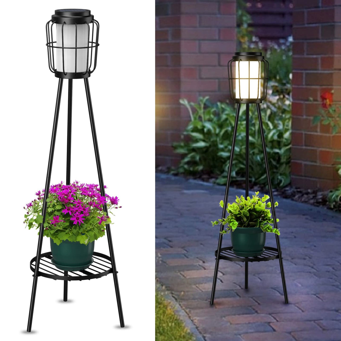 Solar Lamp Outdoor with Plant Stands, Solar Floor Lamp, Solar Powered Street Lights Metal Tripod Deck Lights for Garden Yard Pathway Driveway Porch