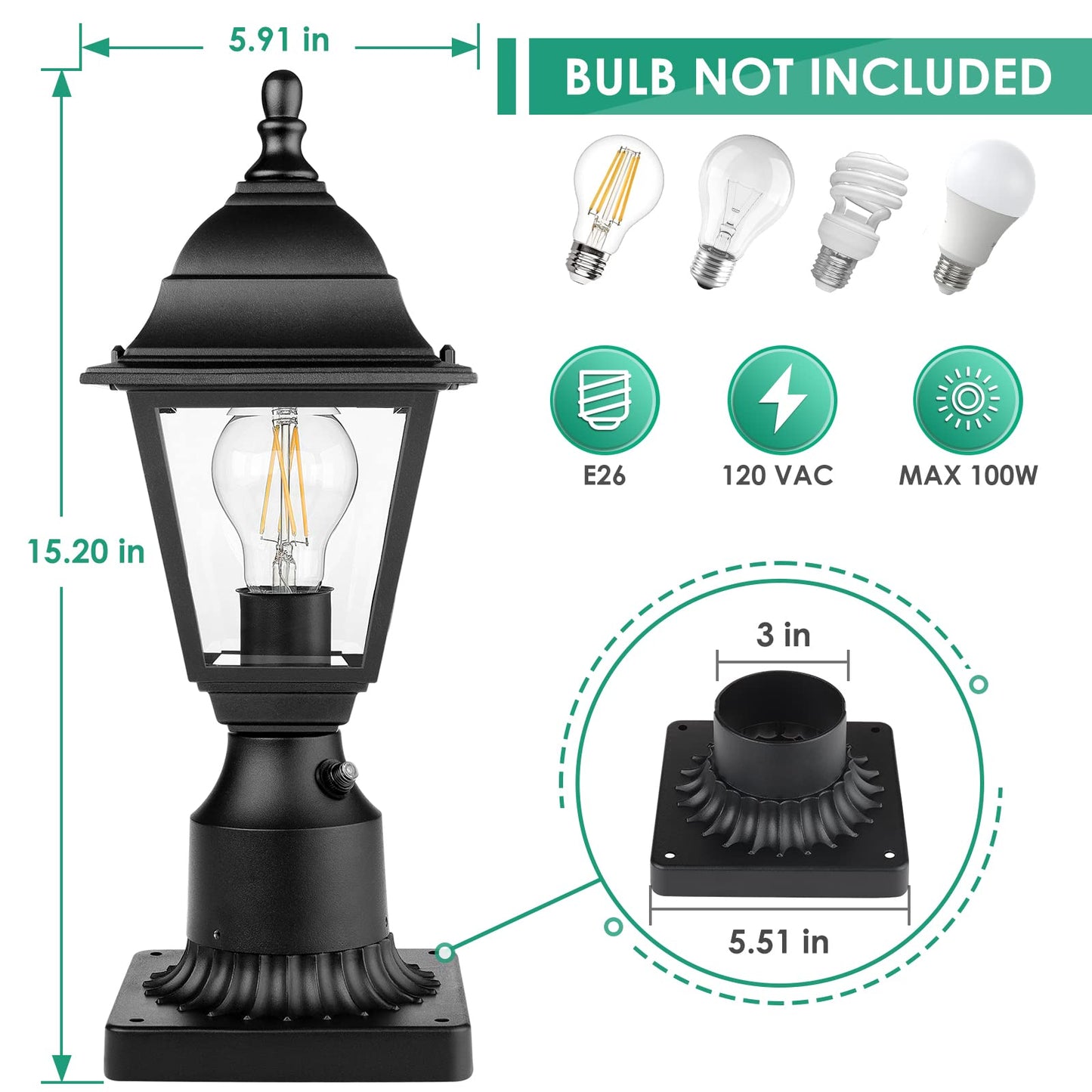 Dusk to Dawn Outdoor Post Lights, Waterproof Outside Post Lantern with Pier Mount, Exterior Lamp Pole Lantern Head with Clear Glass, Matte Black Post Light Fixture for Patio, Garden, Walkway