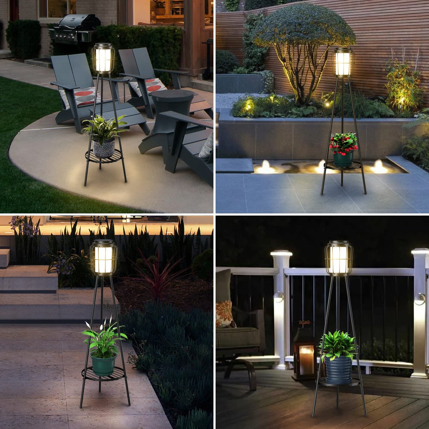 Solar Lamp Outdoor with Plant Stands, Solar Floor Lamp, Solar Powered Street Lights Metal Tripod Deck Lights for Garden Yard Pathway Driveway Porch