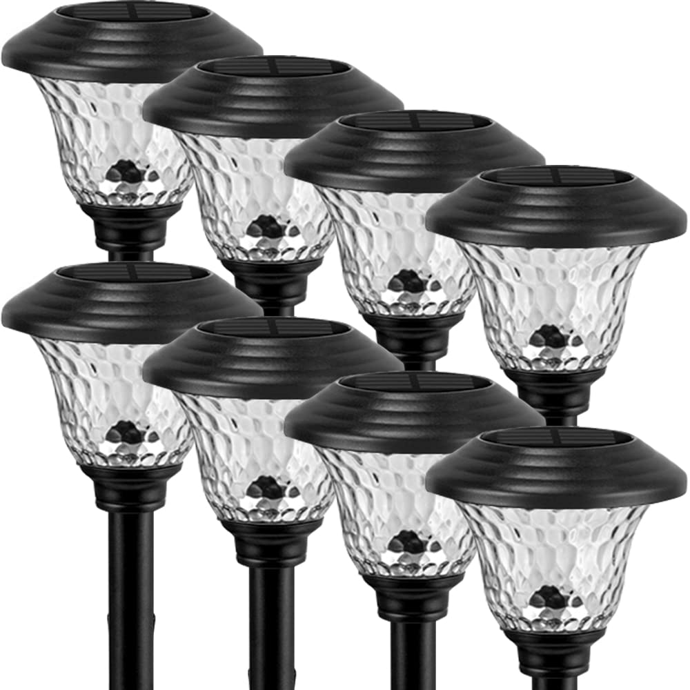 8 Pack Solar Pathway Lights Supper Bright UP to 12 Hrs Outdoor Garden Stake Glass Stainless Steel IP65 Waterproof Auto On/Off Powered Landscape Lighting for Yard Patio Walkway