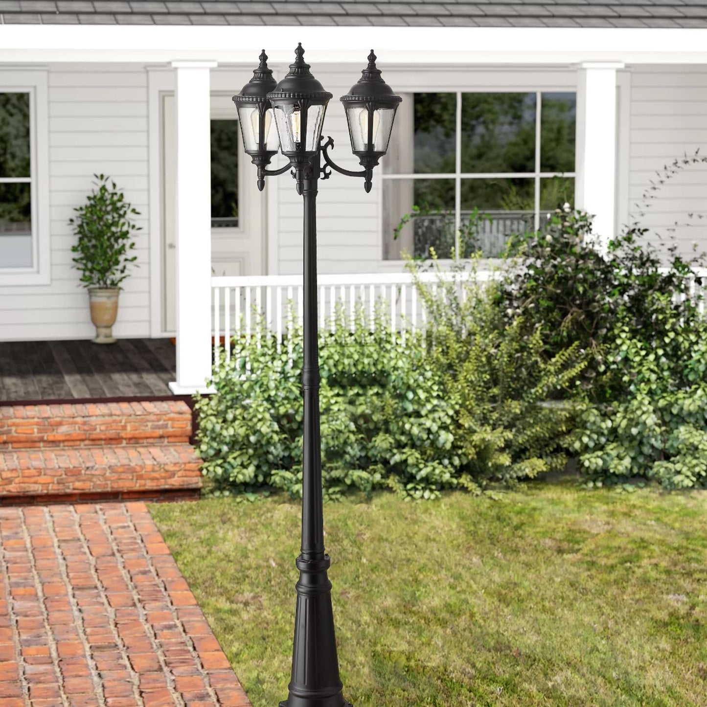 Vintage Outdoor Post Light, 3-Head Street Light Pole Light, Waterproof Cast Aluminum in Black Finish with Seeded Glass