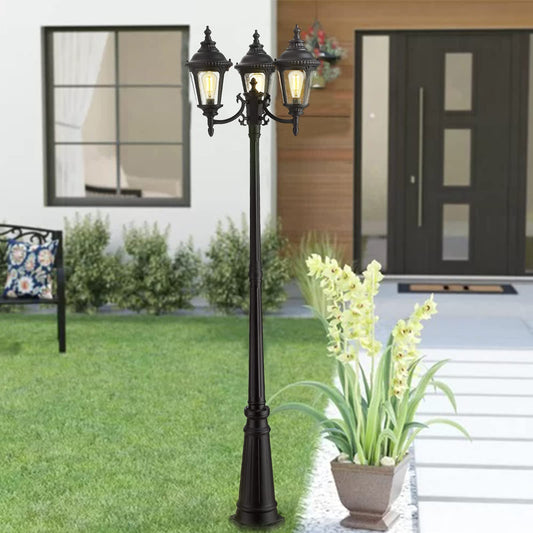 Vintage Outdoor Post Light, 3-Head Street Light Pole Light, Waterproof Cast Aluminum in Black Finish with Seeded Glass