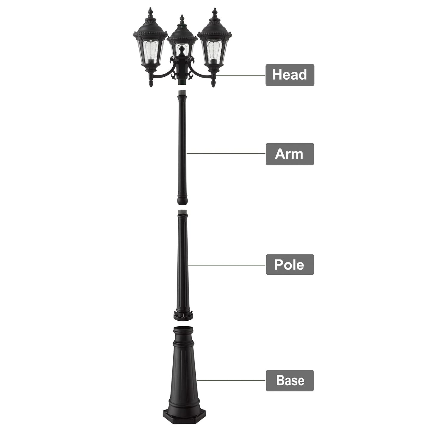 Vintage Outdoor Post Light, 3-Head Street Light Pole Light, Waterproof Cast Aluminum in Black Finish with Seeded Glass