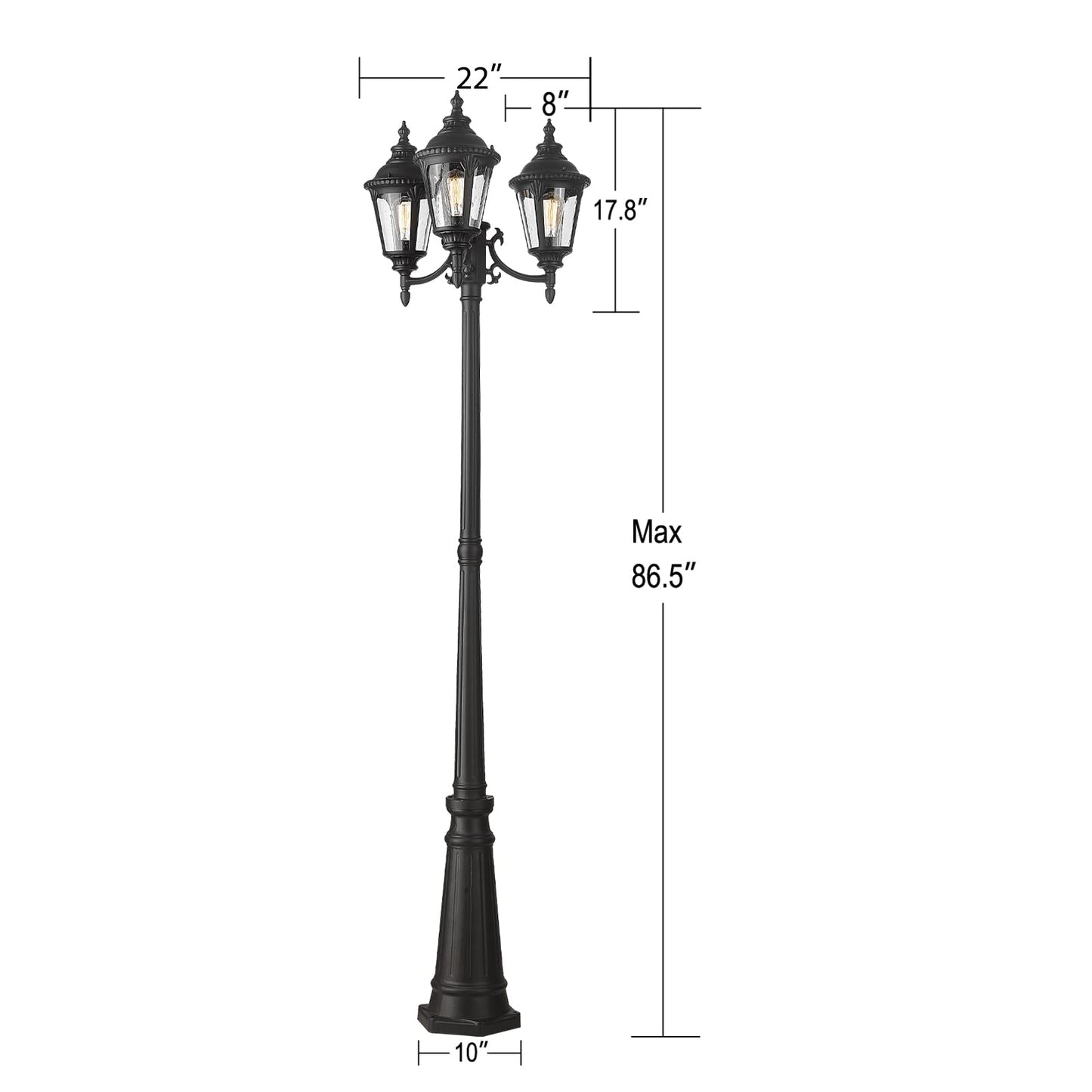 Vintage Outdoor Post Light, 3-Head Street Light Pole Light, Waterproof Cast Aluminum in Black Finish with Seeded Glass